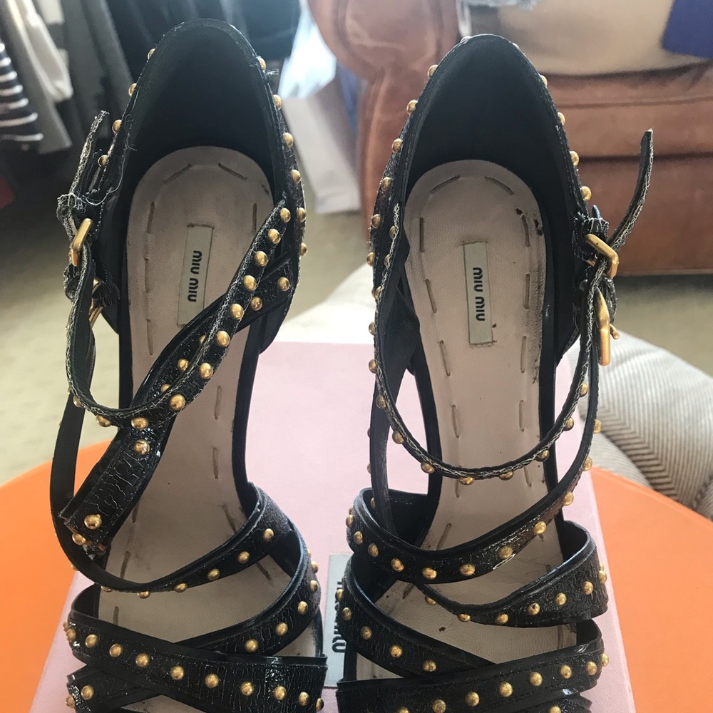 Crackled Leather Gold Stud Strappy Heels